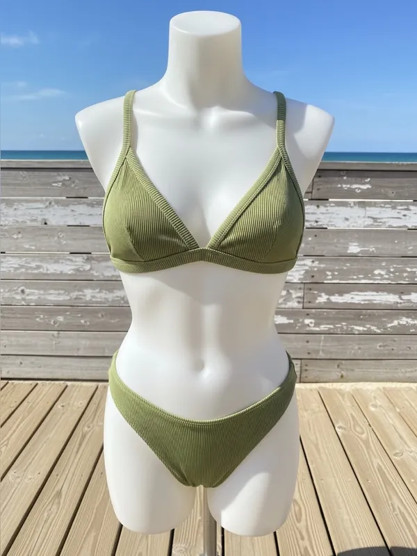 Garage Olive Ribbed Triangle Bikini Set - Image 4