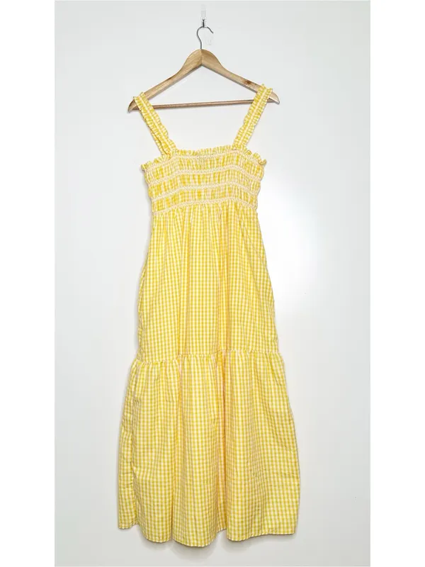 French Connection Yellow Gingham Smocked Midi Dress Size 6 - Image 3