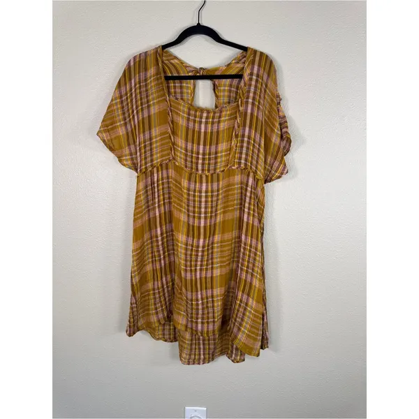 Anthropologie Yellow Pink Plaid Mini Dress Womens L Babydoll Boho Tie Back - Image 17
