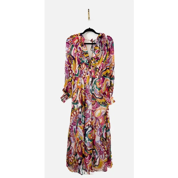 Anthropologie Odetta Ruffled V Neck Dress in Patterned Multi Print Medium - Image 5
