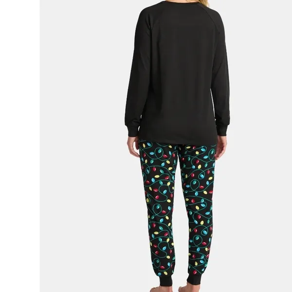 Holiday Time‎ Womens Pajama Set Black Merry and Bright Christmas Lights Size S - Image 5