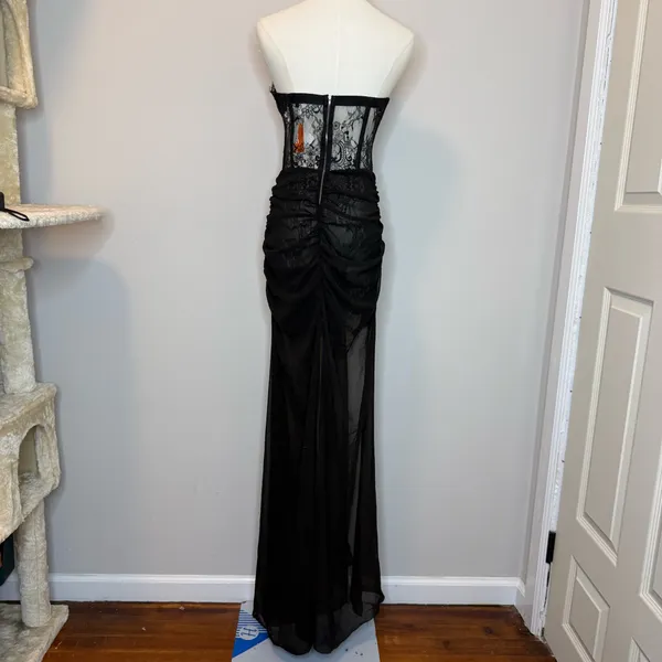 Sheer Black Strapless Lace Evening Gown - Image 3