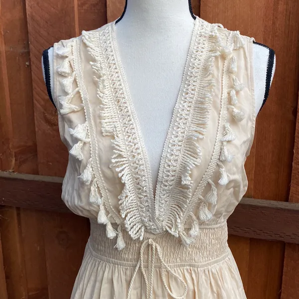 CUPSHE Cream V Neck Sleeveless Lace Tassel Smocked Waist Maxi Dress Size M - Image 5