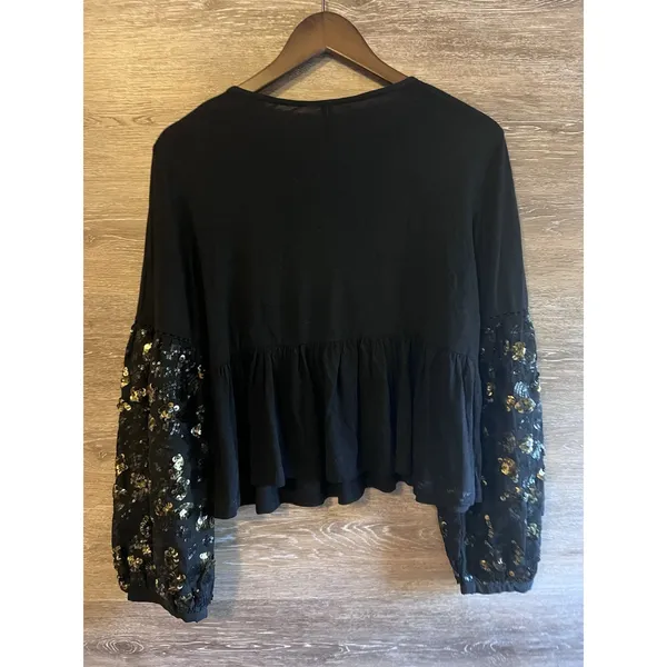 Anthropologie Black & Gold Sequined Peplum Peasant Top Balloon Sleeves M Party - Image 8
