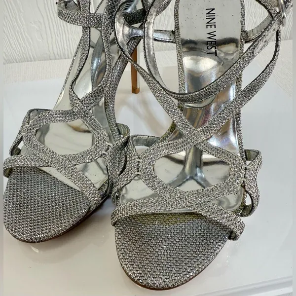 Nine West Sparkling Silver Strappy Heels - Image 6