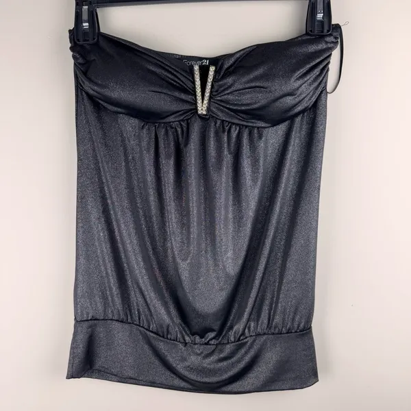 FOREVER 21 Black Strapless Top Sz M Rhinestone V Club Date Night‎ Party Rave - Image 8