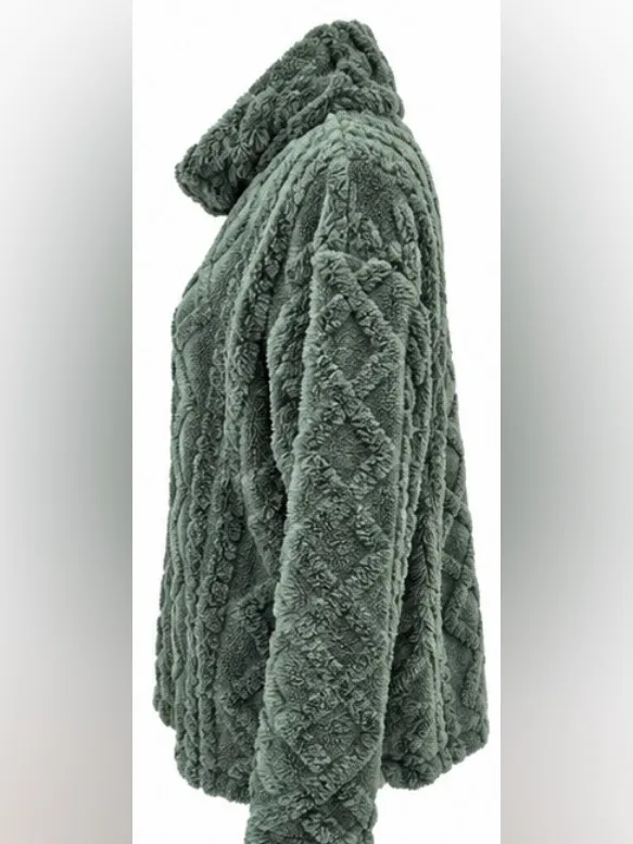 Eddie Bauer Women’s M Cozy Cable Fleece Pullover Cowl Neck Green - Image 2