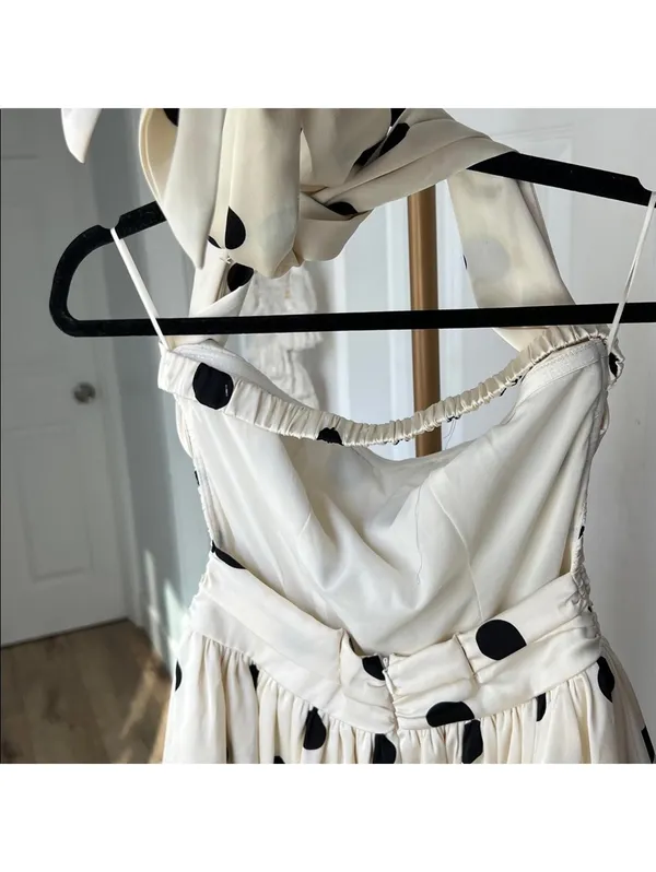 Retro Polka Dot Bubble Midi Dress Convertible Straps in Cream Black Size S - Image 9