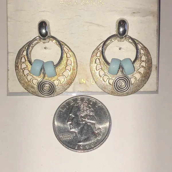 Aged Silver Tone Hoop Earrings with Light Blue Beads - Image 5