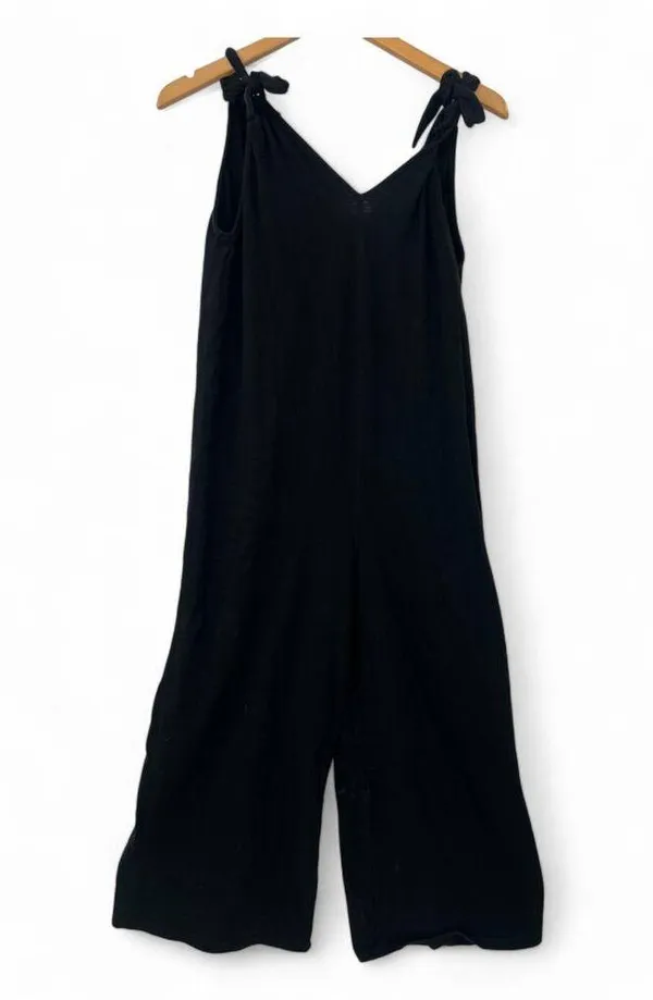 ZARA | M | Double V-Neck Tie Shoulder Wide Leg Black 100% Cotton Lounge Jumpsuit - Image 3