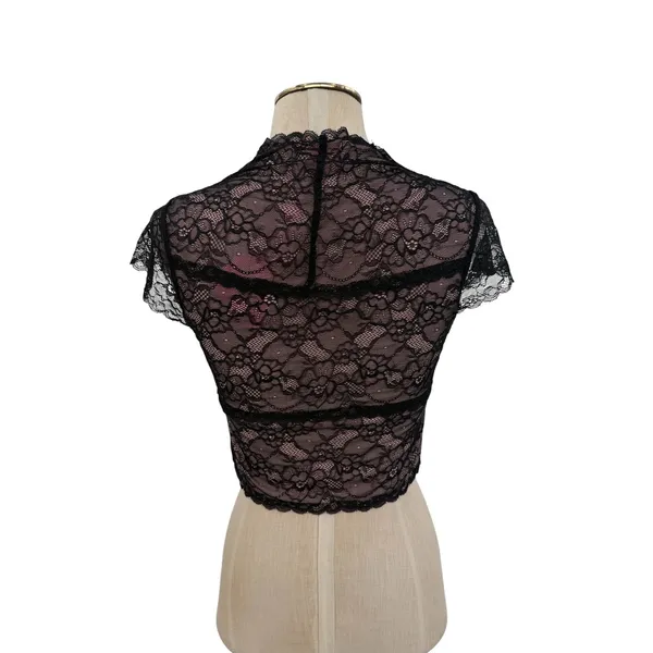 Sugar Thrillz Dolls Kill Lace Crop Top Black Pink Bow Sheer Floral NWT Medium - Image 7