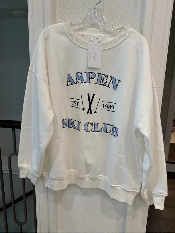Lelis Aspen Ski Club Sweatshirt Large Ivory Blue Graphic NWT - Image 2