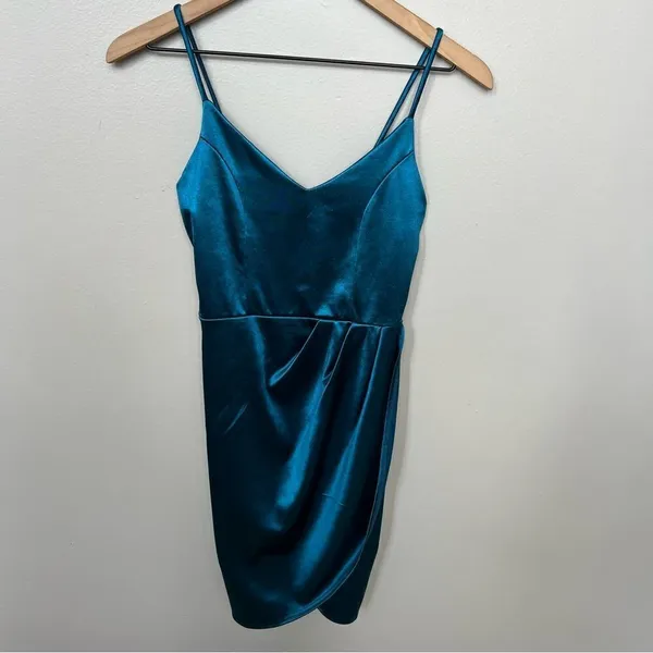 Lulus Forever Your Girl Teal Blue Satin Bodycon Dress Extra Small Mini Dress - Image 4