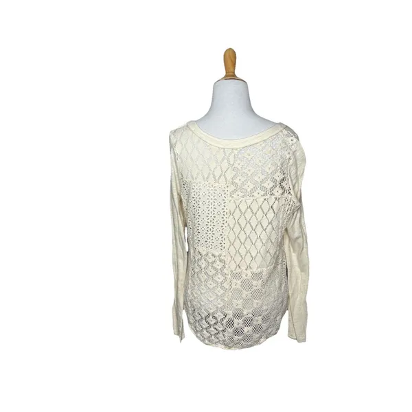 Free People Patches of Lace Henley Crochet Back Shirt Ivory Long Sleeve M - Image 3