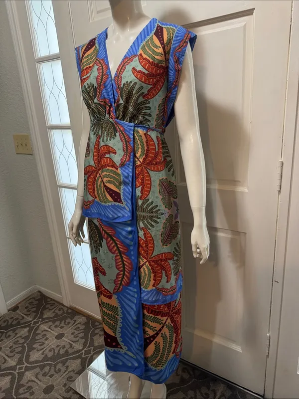 Farm Rio Viscose Sleeveless Tropical Print Blue Maxi Dress Size Small - Image 7