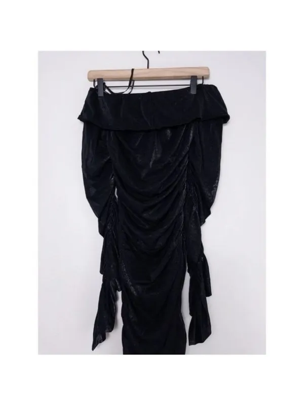 Bronx and Banco Amara Off The Shoulder Linen Midi Dress L Black Ruched Sparkle - Image 10