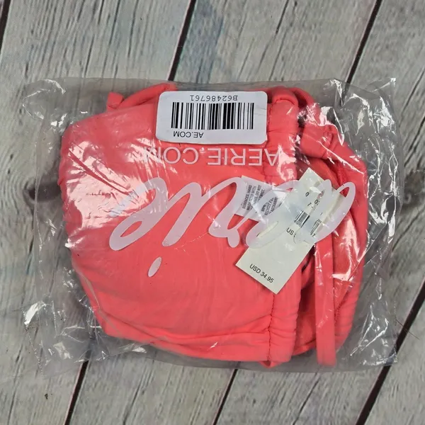Aerie Bandeau Bikini Top Coral‎ Pink Ruched Tie Front Adjustable Straps Size S - Image 6