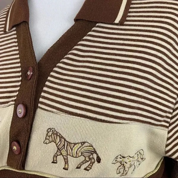 Vintage 80’s brown striped safari theme collar top Brown Size M - Image 4