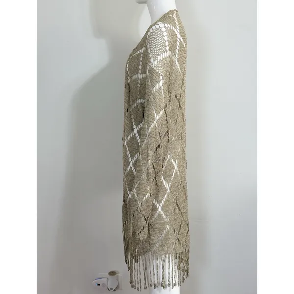 Womens Crochet Knit Cardigan Long Duster Metallic Beige Fringe Boho Cover Up L - Image 3