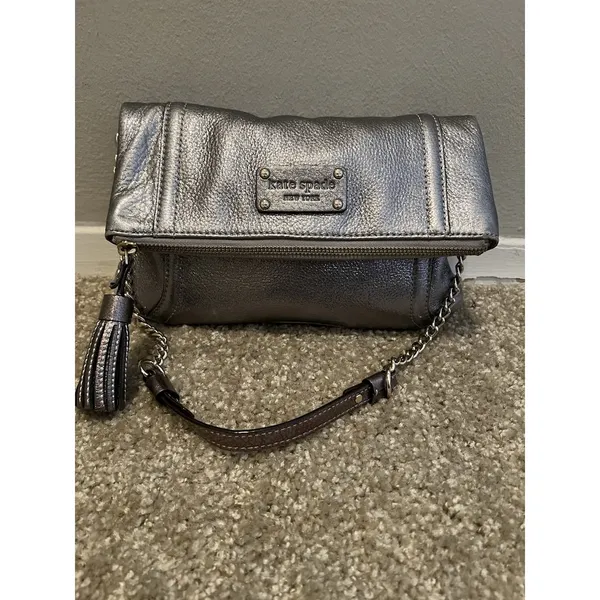 Kate Spade New York Metallic Leather Pewter Bag Shoulder Chain Strap/clutch Y2k - Image 5