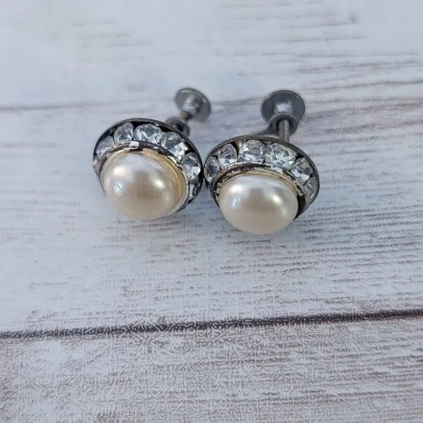 Vintage Screw On Earrings Faux Pearl with Clear Gem Halo - Heavy Tarnish/Wear - Image 4