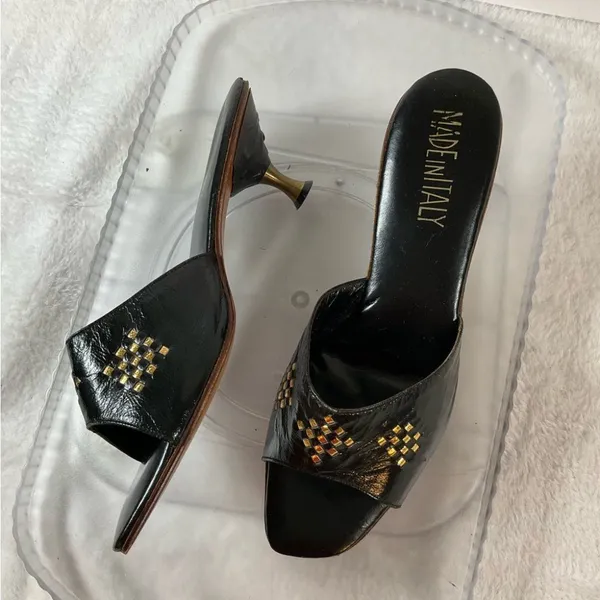Black Leather Studded Brass Heels Slides Sandals Sz 8.5 Narrow made‎ in Italy - Image 3