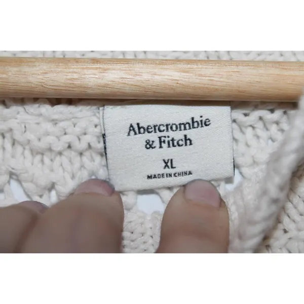 Womens Abercrombie & Fitch Cream Ribbed Knit Crochet Crewneck Sweater Size XL - Image 3