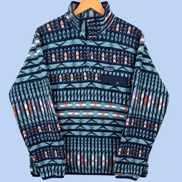 Patagonia Fleece Pullover Synchilla Snap-T Women L Blue Geometric Aztec Pocket - Image 3