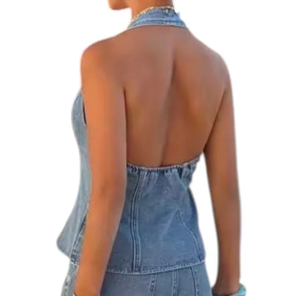 Shein Dazy Women Blue Denim Halter Top Button Front Backless Vest Size L | 0351 - Image 2