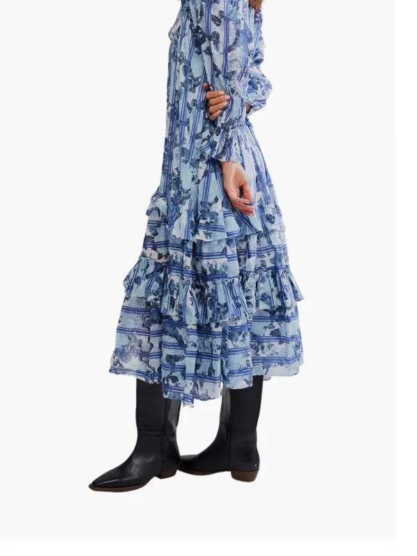 NWT Free People Garden Wonders Long Sleeve Cotton Maxi Dress Medium, BLUE COMBO - Image 5