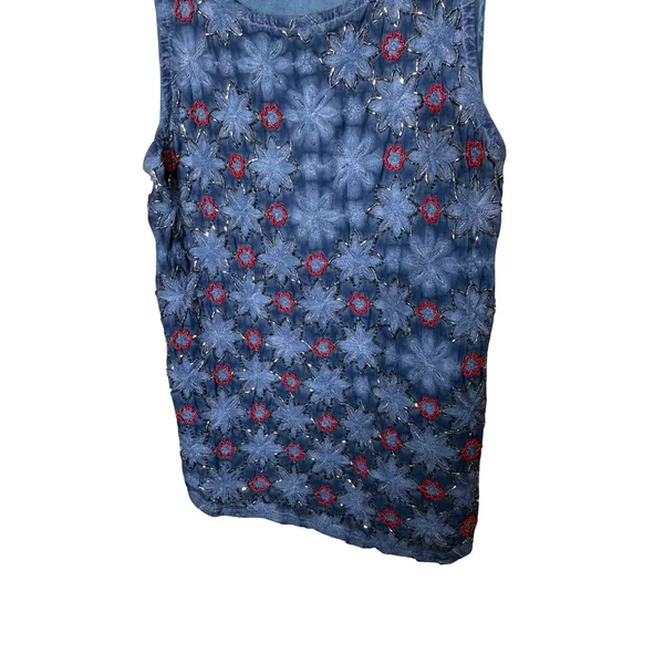 Lucky Brand Embellished Tank Top Women Size M Blue Floral‎ Beaded - Image 3