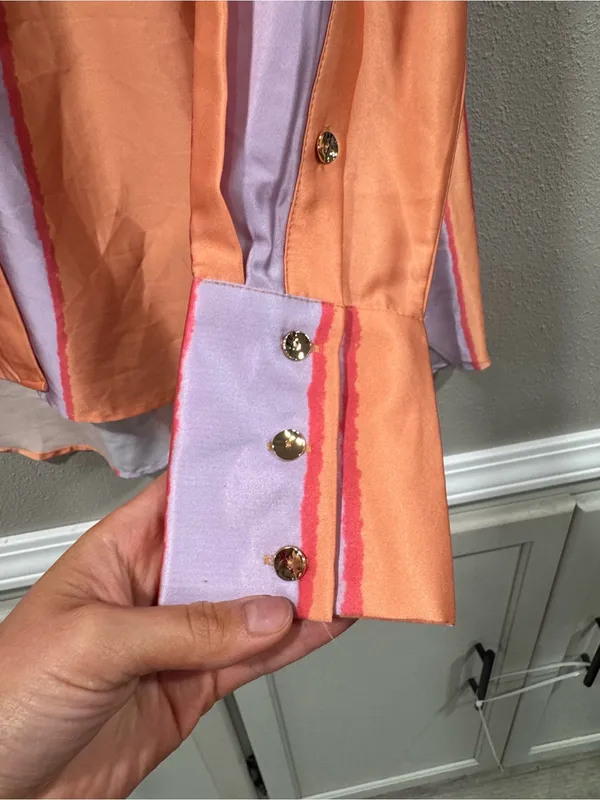 Entro Button Up Satin Striped Peach and Purple - Image 3