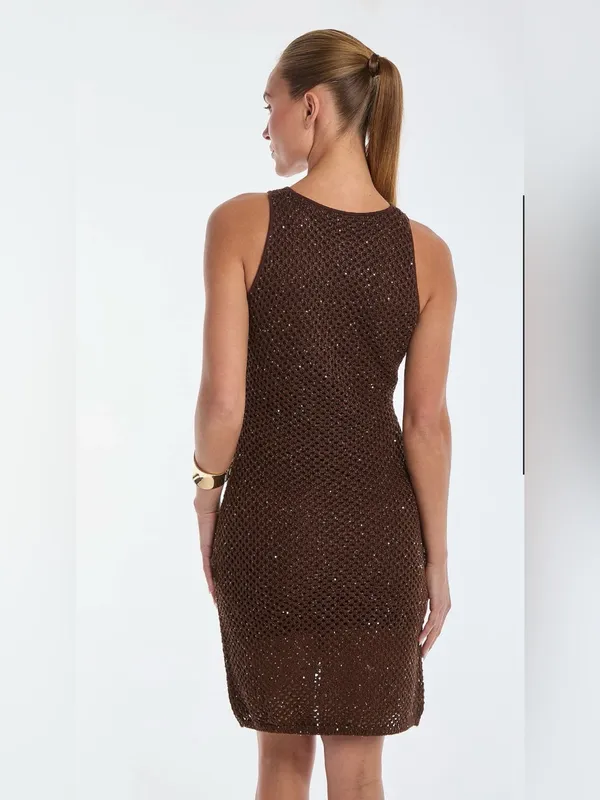 The Noli Shop Seraphina Brown Espresso Crochet Sleeveless Dress, Size S - Image 3
