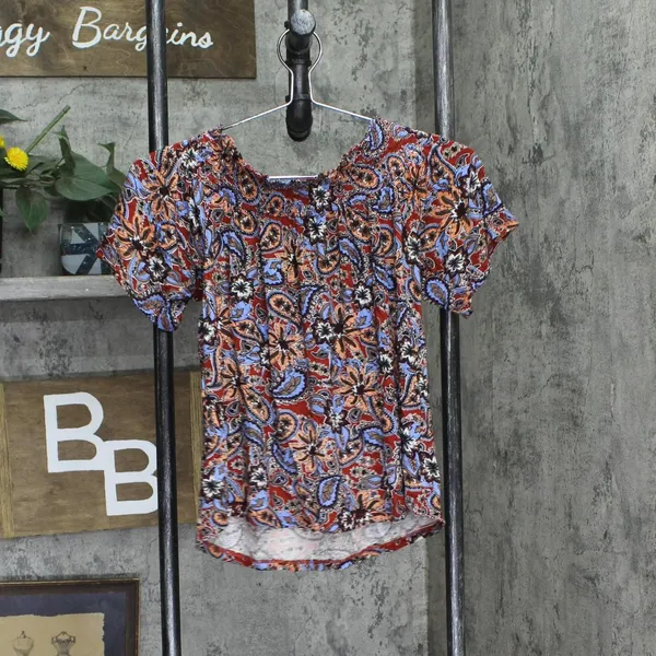 NWT Ultra Flirt Juniors Off-The-Shoulder Peasant Top Red Paisley Multi M - Image 3
