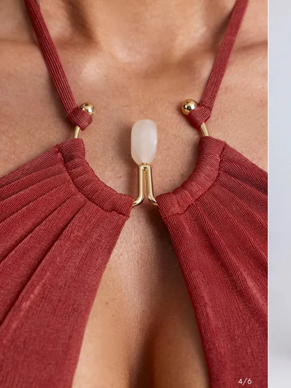 Oh Polly Margot Hardware Detail Cut-Out Halterneck Maxi Dress Auburn Brown - Image 8