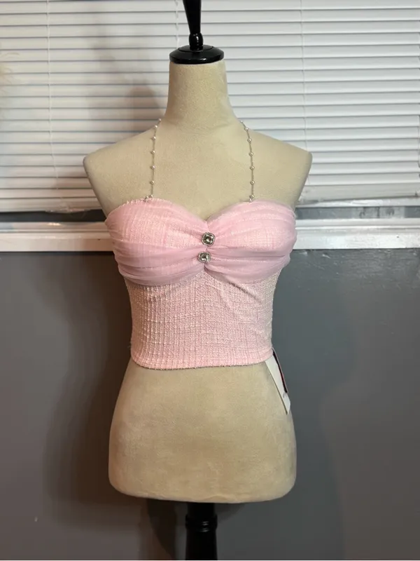 NWT Pink Tweed Bustier Tube Top Rhinestone Coquette Balletcore Corset Crop Top - Image 4