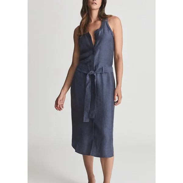 Reiss Keeley Sleeveless Belted Midi Dress Hemp Size 4 Blue Classic Quiet Luxury - Image 13