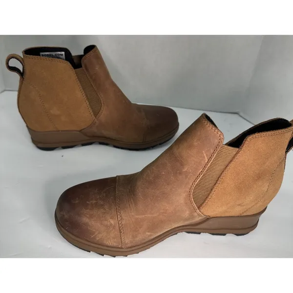 Sorel Evie Womens 6.5 Cognac Chelsea Ankle Boots Leather Suede Wedge Lug Rubber - Image 2