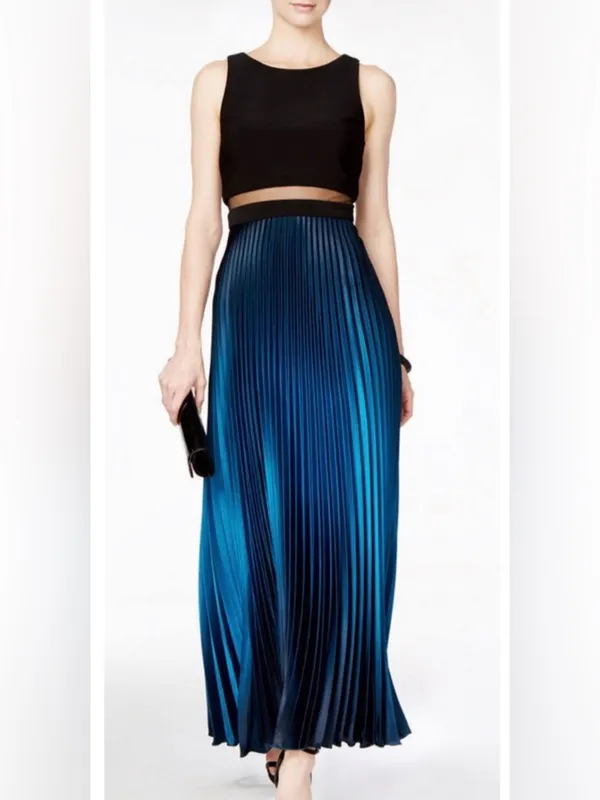 Betsy Adam Black & Blue Ombre Pleated Mesh Waist Maxi Formal Evening Dress Sz 6 - Image 3