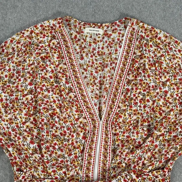 Max Studio Floral V-Neck Blouse Women's XL Yellow/Red Belted Ruffle Boho - Image 4