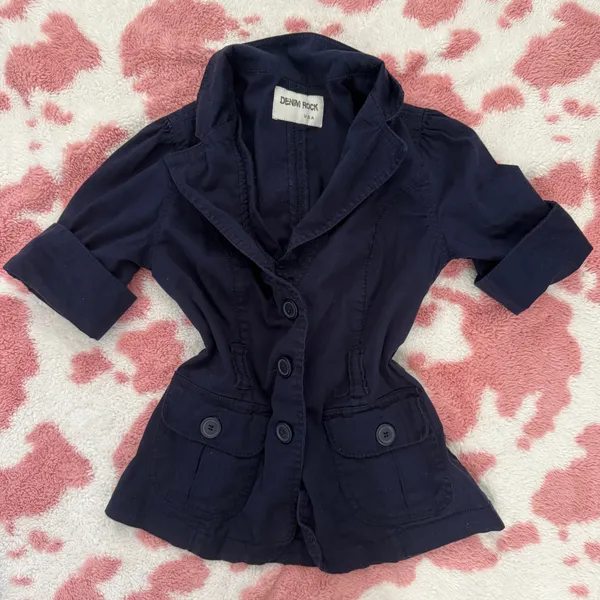 Y2K Navy Blue Fitted Blazer Top XS/S Waist Cinching Tailored Jacket Office Siren Coquette Dark Academia Preppy Small - Image 3