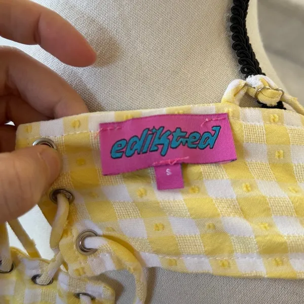 Edikted Butter Yellow & White Gingham Milk Maid Coquette Mini Bodycon Dress - Image 4