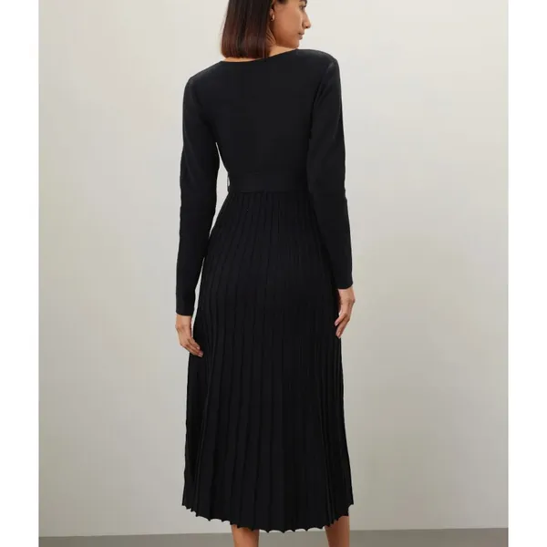 Area Stars Black Knit Midi Wrap Dress XS Pleated Fit Flare Career Designer $175 - Image 3