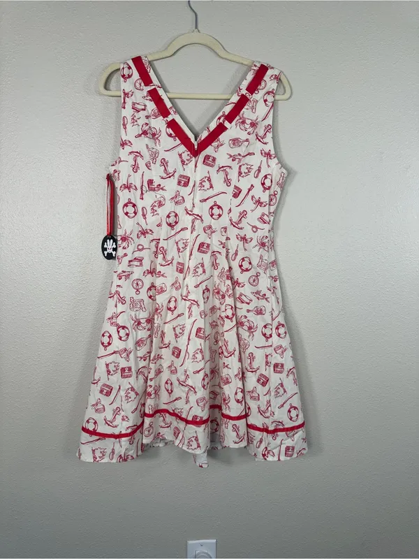Hell Bunny Red White Nautical Print Fit & Flare Dress Womens XL Rockabilly NWT - Image 4