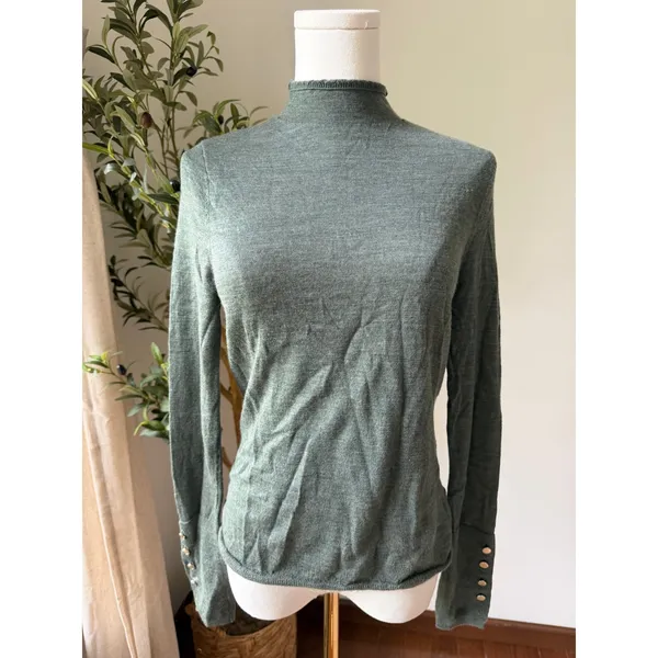 Abercrombie & Fitch Merino Wool Mock Neck Sweater Green Button Sleeve M - Image 2