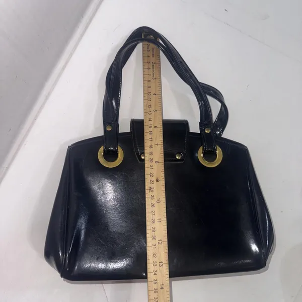 Vintage Black Patent Leather Old Money Minimalist Classic Top Handle‎ Bag Purse - Image 10
