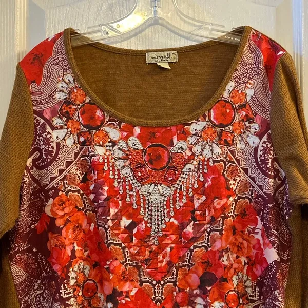 One World XL Brown Embellished Floral Print Long Sleeve Scoop Neck Tunic Top‎ - Image 5