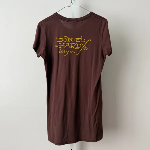 Y2K Ed Hardy L Brown T-Shirt Lotus Flower Bling Christian Audigier‎ Fairy Grunge - Image 7