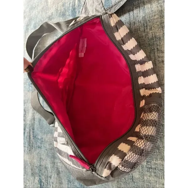 Thirty One Gray White Stripe Sling Crossbody Bag with Pink Accents - Image 3