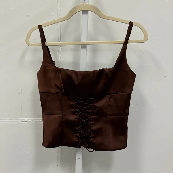 Oh Polly Chocolate Brown Satin‎ Lace Up Corset Top Square Neck US 4 Party Sexy - Image 2